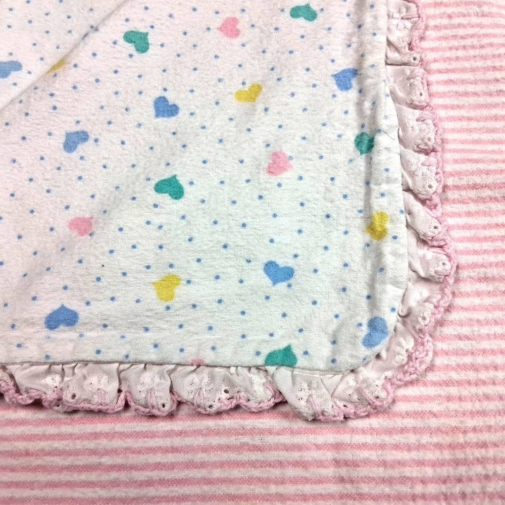 Vtg Pastel Hearts Pink‎ White Stripe Handmade 46" x 46" Baby Girl Blanket Eyelet